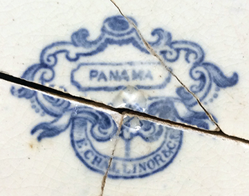 Printed underglaze refined white earthenware plate with romantic motif pattern named “Panama”. Printed manufacturer’s mark on reverse for E. Challinor & Co., Staffordshire (1854-1862). Rim diameter: 7.75”, from 18BC27, Feature 30.